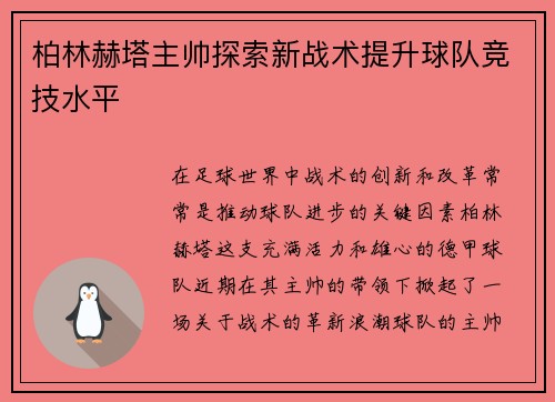 柏林赫塔主帅探索新战术提升球队竞技水平