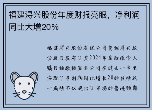 福建浔兴股份年度财报亮眼，净利润同比大增20%