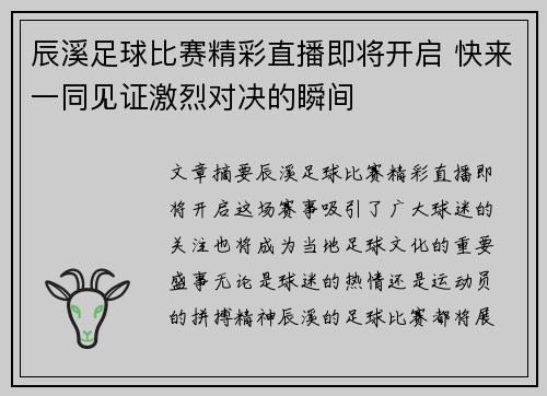 辰溪足球比赛精彩直播即将开启 快来一同见证激烈对决的瞬间